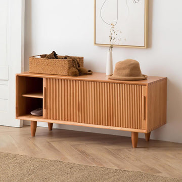 39.4" Rustic Storage Bench with Storage Sliding Doors Adjustable Shelf Natural Pine Wood
